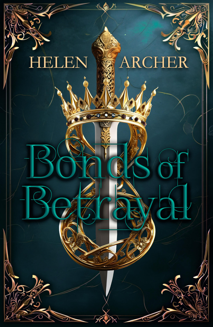 Bonds of Betrayal by Helen Archer A queen's bejewelled, gold crown is twisted into a figure-of-eight with an ornate dagger sitting inside it